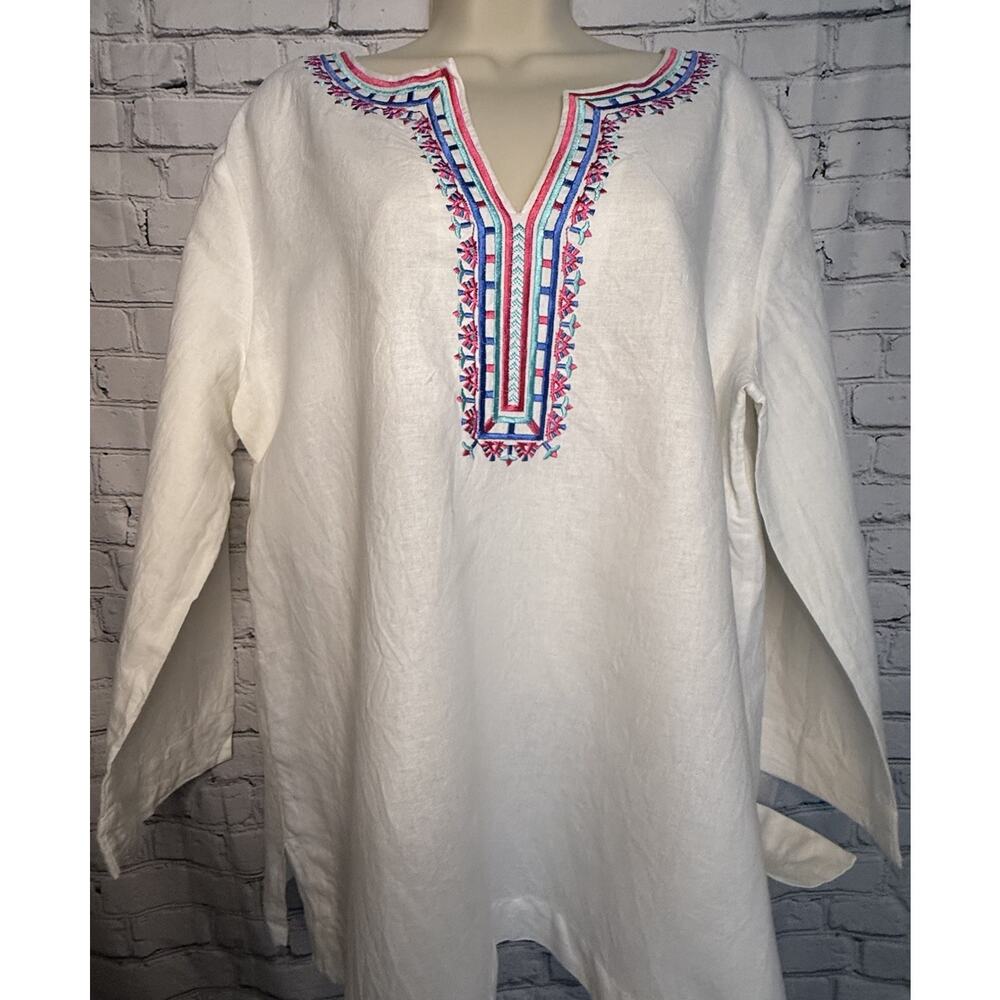 Women’s Pappagallo White Embroidered Linen Tunic, 3/4 Sleeve, Side Slits, XL